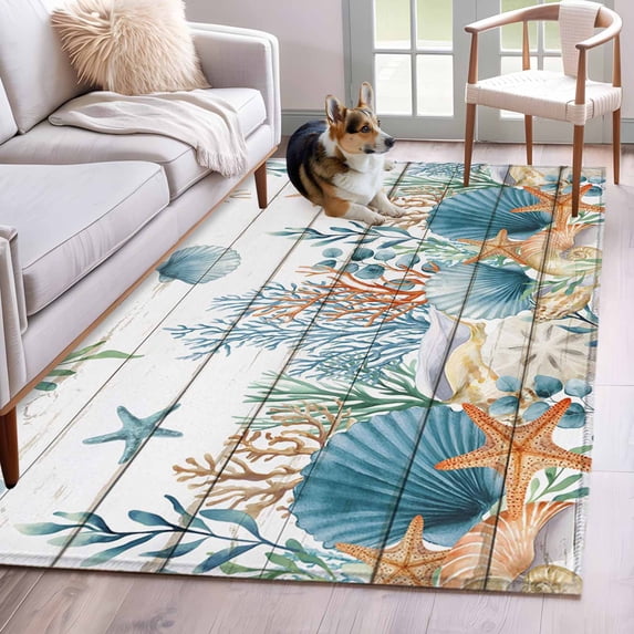 Area Rugs for Living Room 4x6 Ft, Teal Blue Coastal Non Slip Area Rugs for Kitchen Bedroom Entryway, Summer Beach Starfish Shell Coral Nautical Vintage Washable Carpet Runner Rug Floor Mats