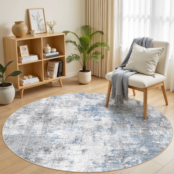 UERMEI Area Rugs for Living Room 5x5 Round Washable Rug Vintage Pattern Large Non-Slip Stain Resistant Soft Durable Floor Carpet for Bedroom, Dining Room, Home Office - Blue Gray
