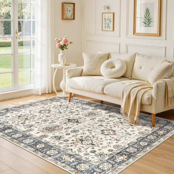 Uermei 5'x7' Washable Vintage Area Rug: Non-Slip Soft Floor Rug for Living Room Bedroom Dining Room Office Decor with Kid & Pet Friendly - Beige Blue
