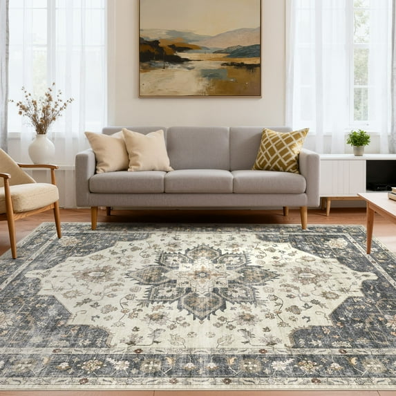 Uermei 5'x7' Washable Area Rug for Living Room: Non-Slip Stain-Resistant Soft Indoor Rug for Bedroom Dining Room Home Office Decor - Beige Blue