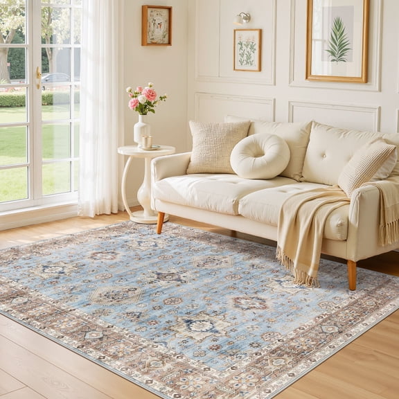 Uermei 5'x7' Washable Vintage Area Rug: Non-Slip Soft Floor Rug for Living Room Bedroom Dining Room Office Decor with Kid & Pet Friendly - Brown Blue