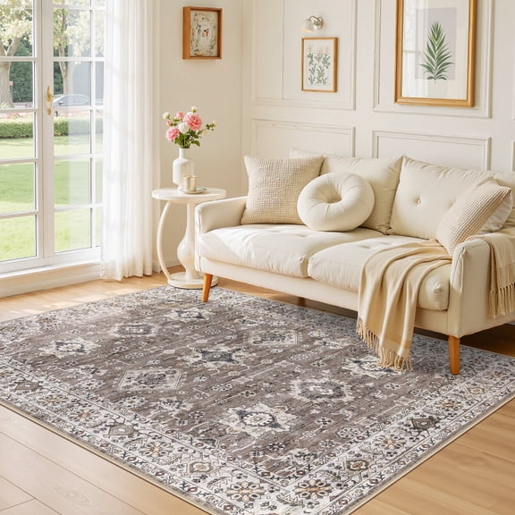 Uermei 5'x7' Washable Vintage Area Rug: Non-Slip Soft Floor Rug for Living Room Bedroom Dining Room Office Decor with Kid & Pet Friendly - Brown