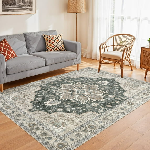 Uermei 5'x7' Washable Area Rug for Living Room: Non-Slip Stain-Resistant Soft Indoor Rug for Bedroom Dining Room Home Office Decor - Brown Green