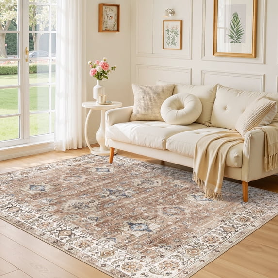Uermei 5'x7' Washable Vintage Area Rug: Non-Slip Soft Floor Rug for Living Room Bedroom Dining Room Office Decor with Kid & Pet Friendly - Brown Orange