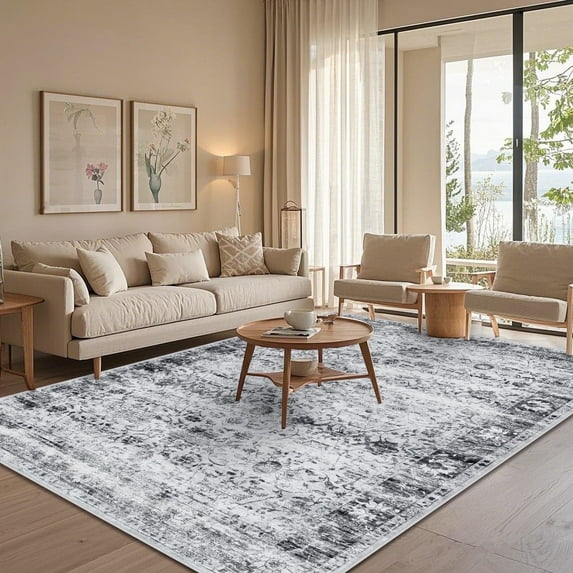 Area Rugs for Living Room 5x7, Yamaziot Distressed Vintage Washable Rug, Non Slip Soft Low Pile Indoor Carpet, Accent Floor Mat for Bedroom Dinning Room Office, Grey