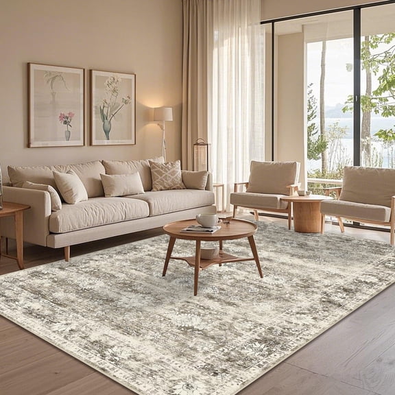 Area Rugs for Living Room 5x7, Yamaziot Distressed Vintage Washable Rug, Non Slip Floor Carpet, Beige Accent Rug for Bedroom Office