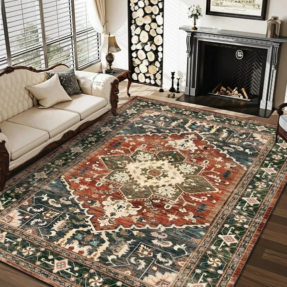 Area Rugs for Living Room 6'x9', Yamaziot Washable Rug, Vintage Distressed Medallion Carpet with Rubber Backing, Non Slip Soft Floor Mat for Bedroom, Green Brown