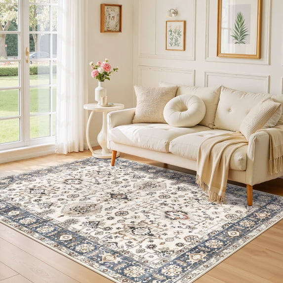 Uermei 6'x9' Washable Area Rug for Living Room: Non-Slip Soft Indoor Floor Carpet for Bedroom Dining Room Office Decor with Kid & Pet Friendly - Beige Blue