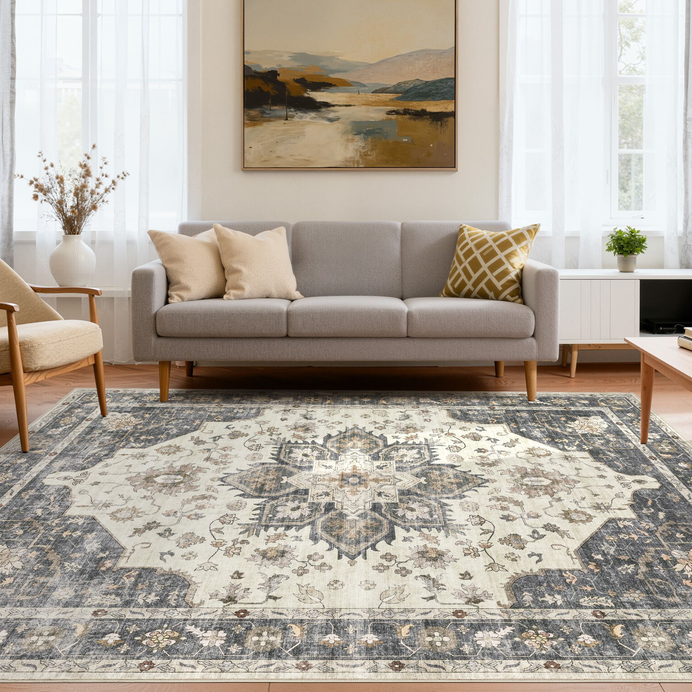 Uermei 6'x9' Vintage Traditional Area Rug: Washable Non-Slip Farmhouse Distressed Indoor Carpet for Living Room Bedroom Dining Room - Beige Blue