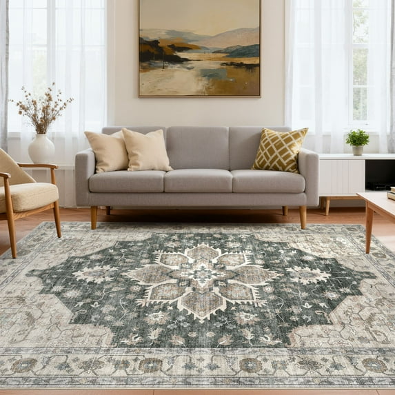 Uermei 6'x9' Vintage Traditional Area Rug: Washable Non-Slip Farmhouse Distressed Indoor Carpet for Living Room Bedroom Dining Room - Brown Green
