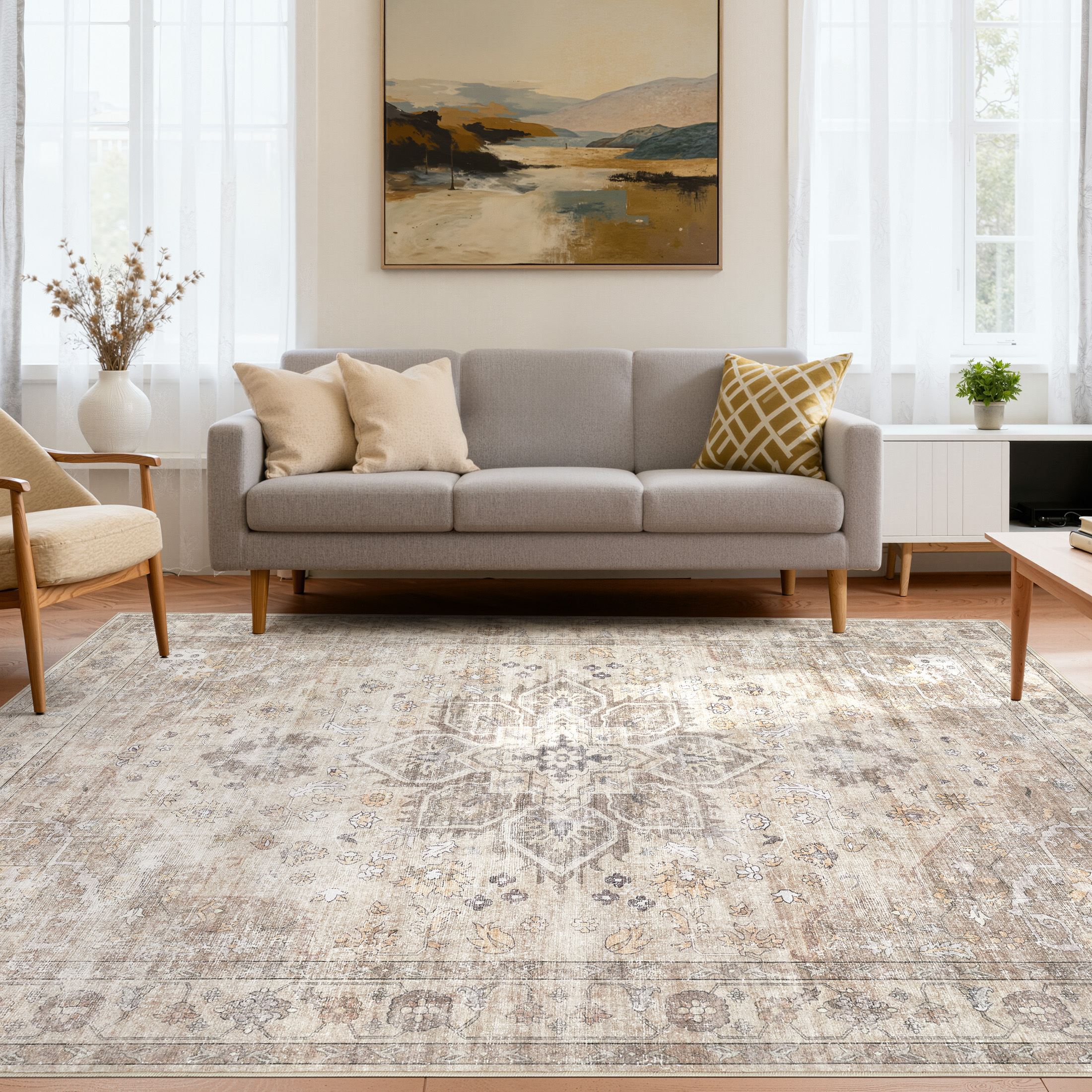 Uermei 6'x9' Vintage Traditional Area Rug: Washable Non-Slip Farmhouse Distressed Indoor Carpet for Living Room Bedroom Dining Room - Camel