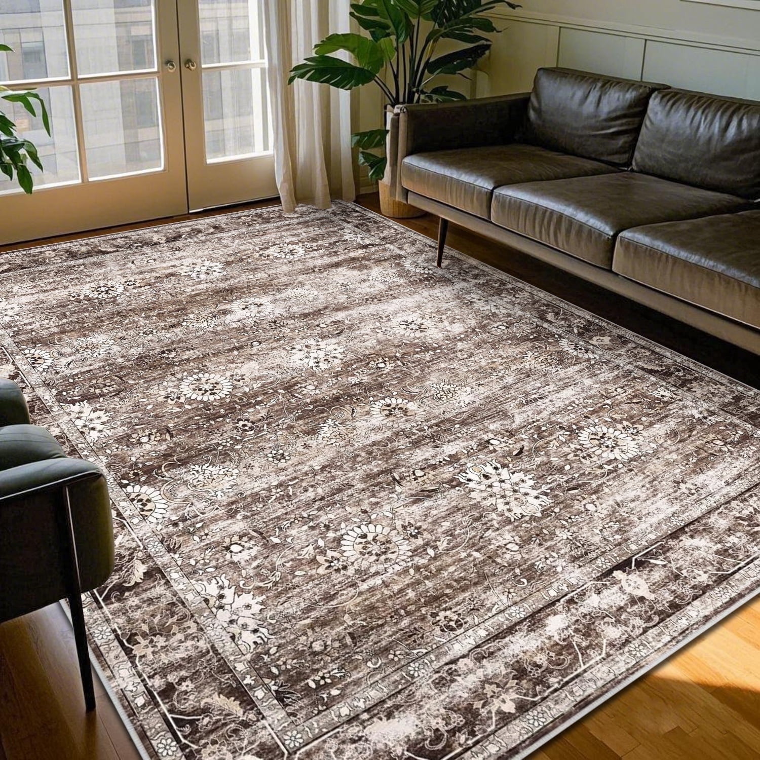 Yamaziot Area Rugs for Living Room 6x9, Washable Indoor Rug Vintage Distressed Persian Floral Boho Non Slip Accent Carpet for Bedroom Dinning Room Home Office, Brown