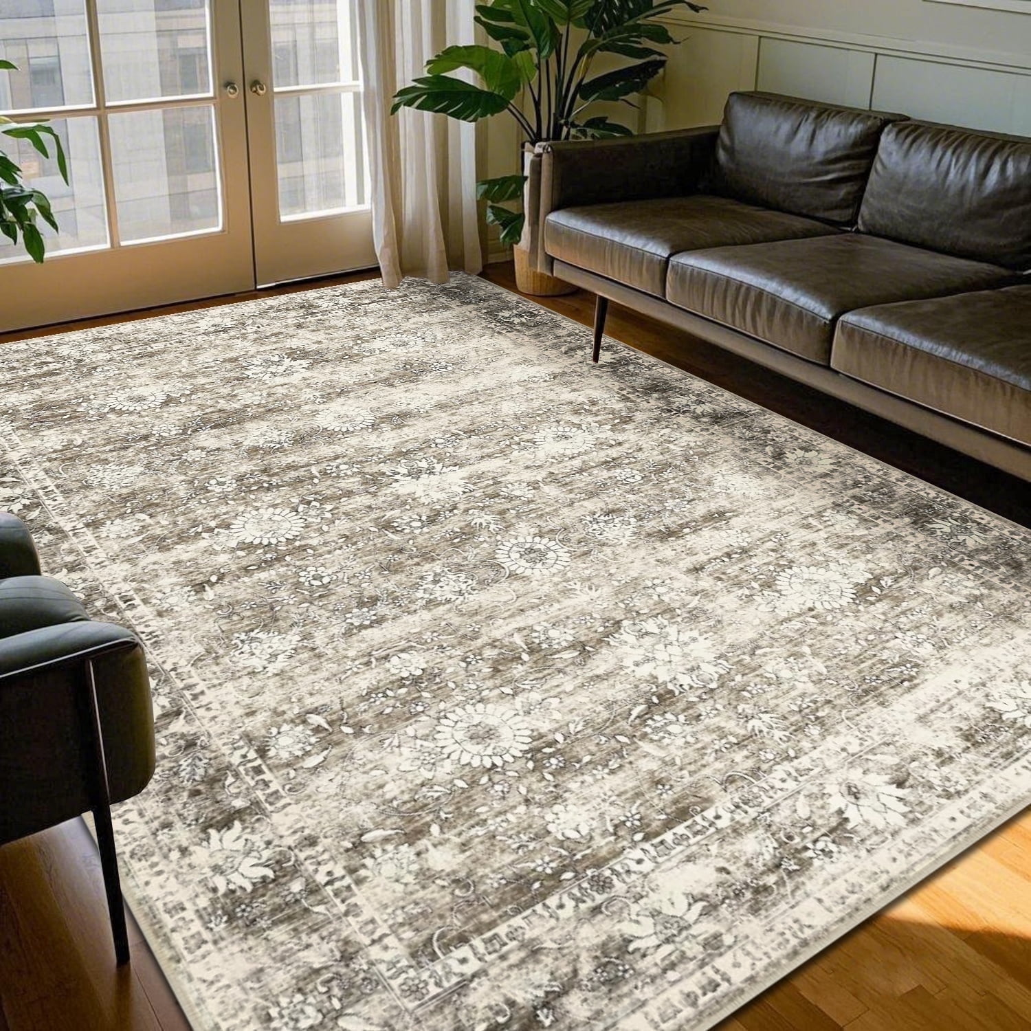 Yamaziot Area Rugs for Living Room 6x9, Washable Indoor Rug Vintage Distressed Persian Floral Boho Non Slip Accent Carpet for Bedroom Dinning Room Home Office, Neutral Beige Brown