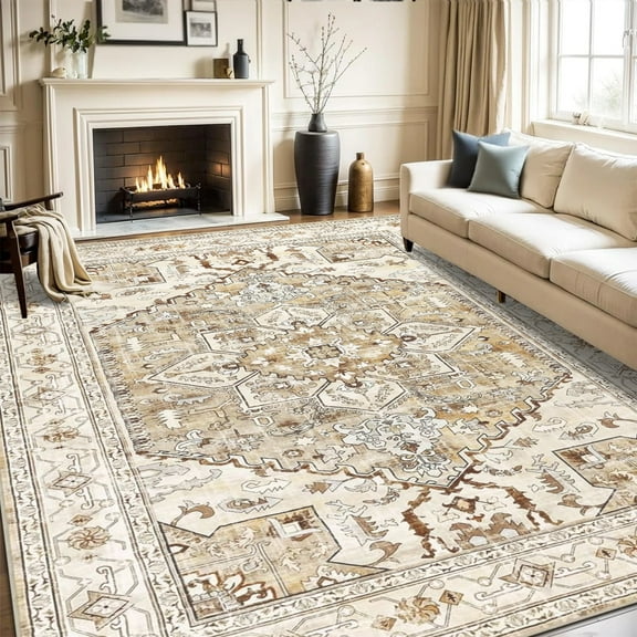 Area Rugs for Living Room 8'x10', Yamaziot Washable Rug, Vintage Distressed Medallion Carpet with Rubber Backing, Non Slip Soft Floor Mat for Bedroom, Beige