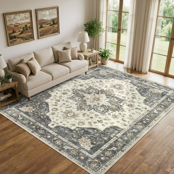 Uermei 8'x10' Area Rug for Living Room, Vintage Washable Area Rugs for Bedroom Dining Room Home Decor, 8ft x 10ft Retro Traditional Distressed Rugs, Non-Slip Carpet, Low Pile, Beige Blue