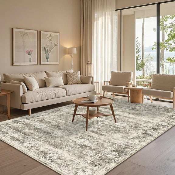 Area Rugs for Living Room 8x10, Yamaziot Large Washable Rug, Non Slip Soft Low Pile Indoor Carpet, Distressed Vintage Accent Floor Mat for Bedroom Dinning Room Office, Beige Brown