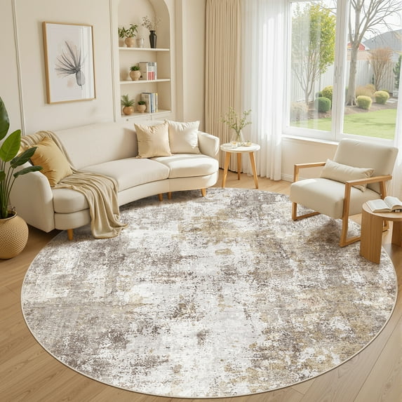 UERMEI Area Rugs for Living Room 8x8 Round Washable Rug Vintage Pattern Large Non-Slip Stain Resistant Soft Durable Floor Carpet for Bedroom, Dining Room, Home Office - Golden
