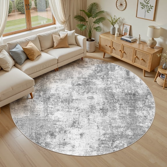 UERMEI Area Rugs for Living Room 8x8 Round Washable Rug Vintage Pattern Large Non-Slip Stain Resistant Soft Durable Floor Carpet for Bedroom, Dining Room, Home Office - Gray