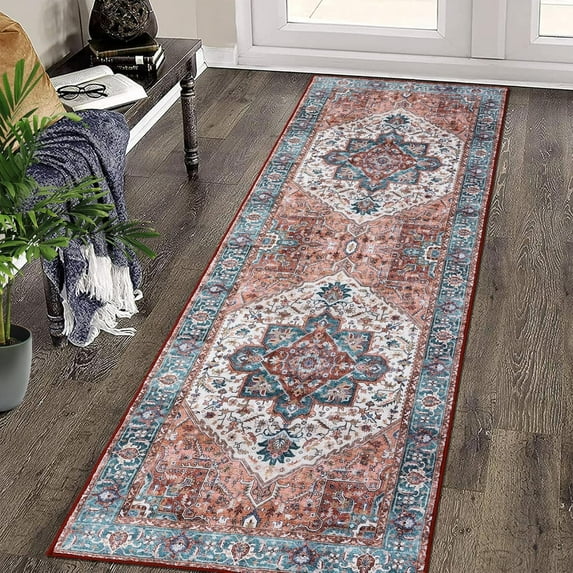 Area Rugs for Living Room 2x6 Bedroom Rug Machine Washable Vintage Rug Boho Floral Distressed Rug Anti-Slip Low Pile Non-Shedding Throw Carpet for Nursery Office Oriental Accent Rug Orange