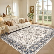 Uermei 9x12 Large Soft Area Rug Machine Washable Non-Slip Carpet, Farmhouse Vintage Floor Mat for Living Room Bedroom Dining Room - Beige Blue