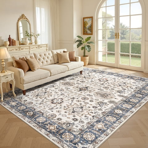 Uermei 9'x12' Large Soft Area Rug: Machine Washable Non-Slip Carpet, Farmhouse Vintage Floor Mat for Living Room Bedroom Dining Room - Beige Blue