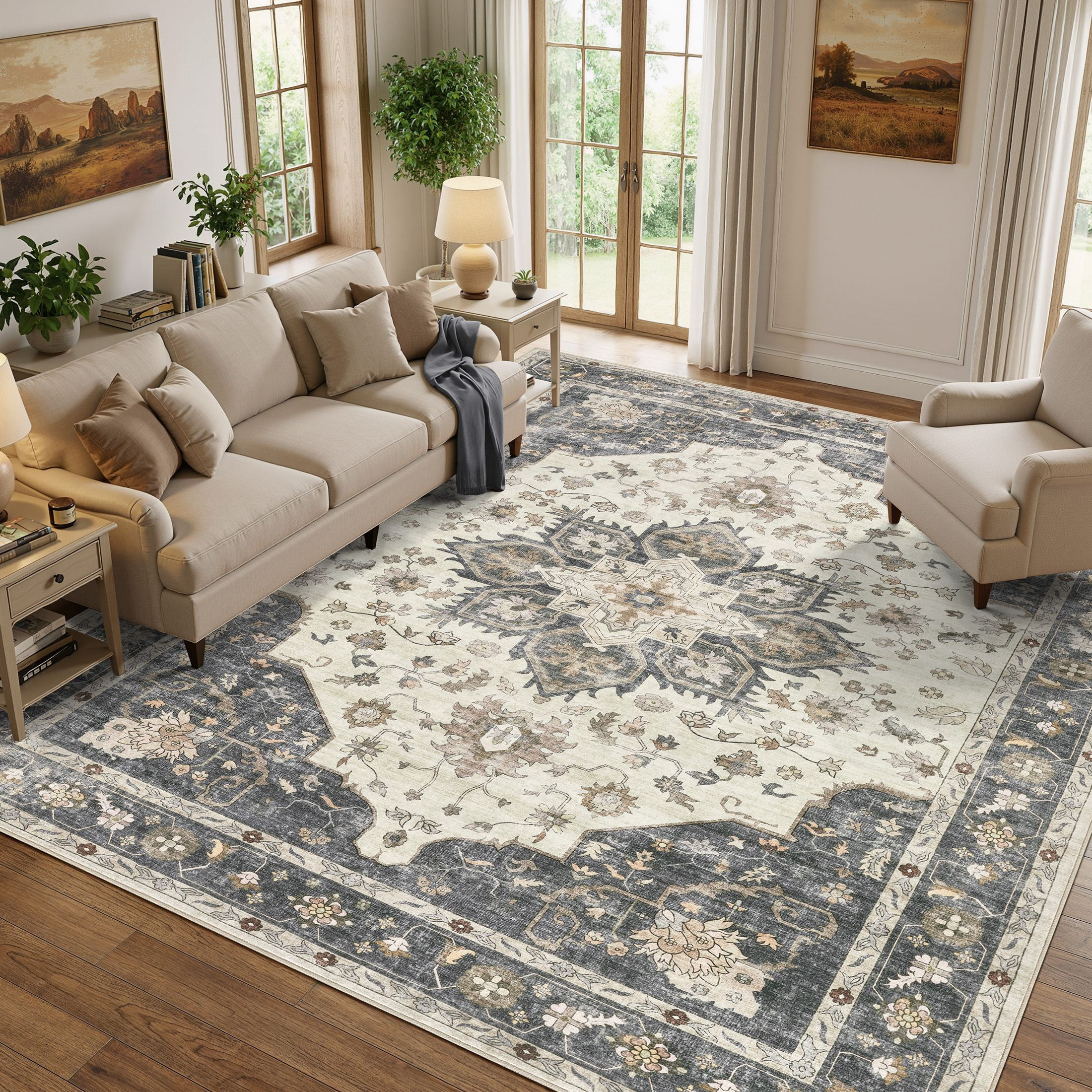 Uermei 9'x12' Large Area Rug for Living Room: Non-Slip Washable Stain Resistant Foldable Carpet for Bedroom Dining Room Office Home Decor - Beige Blue