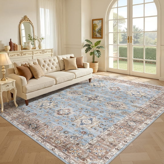 Uermei 9'x12' Large Soft Area Rug: Machine Washable Non-Slip Carpet, Farmhouse Vintage Floor Mat for Living Room Bedroom Dining Room - Brown Blue