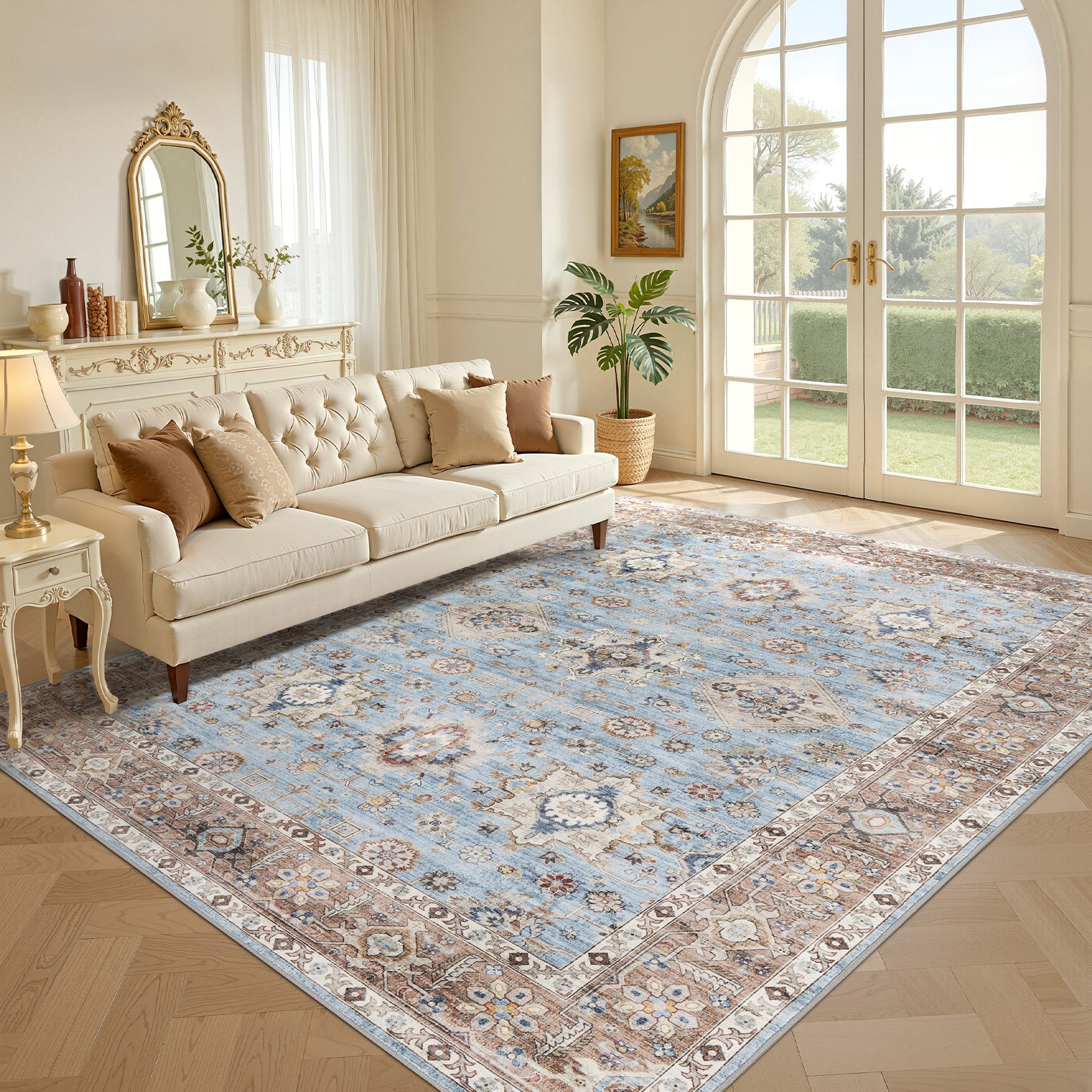 Uermei 9'x12' Large Soft Area Rug: Machine Washable Non-Slip Carpet, Farmhouse Vintage Floor Mat for Living Room Bedroom Dining Room - Brown Blue