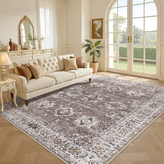 Uermei 9'x12' Large Soft Area Rug: Machine Washable Non-Slip Carpet, Farmhouse Vintage Floor Mat for Living Room Bedroom Dining Room - Brown