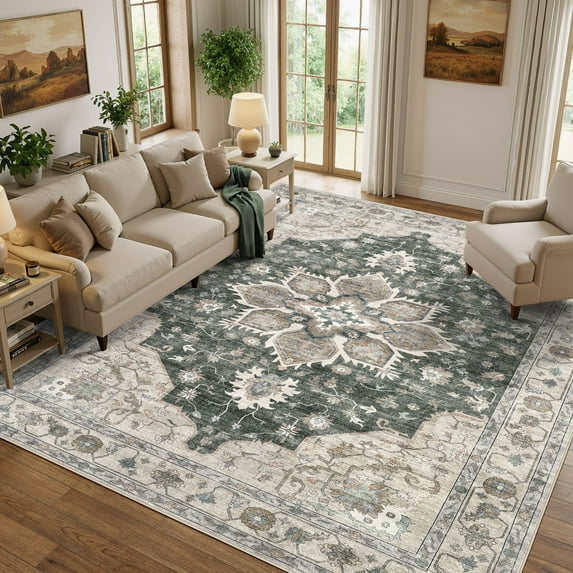 Uermei 9'x12' Large Area Rug for Living Room: Non-Slip Washable Stain Resistant Foldable Carpet for Bedroom Dining Room Office Home Decor - Brown Green