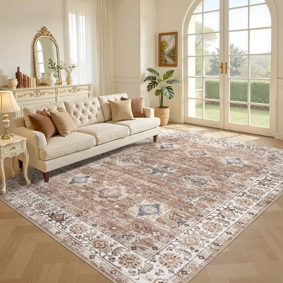 Uermei 9'x12' Large Soft Area Rug: Machine Washable Non-Slip Carpet, Farmhouse Vintage Floor Mat for Living Room Bedroom Dining Room - Brown Orange