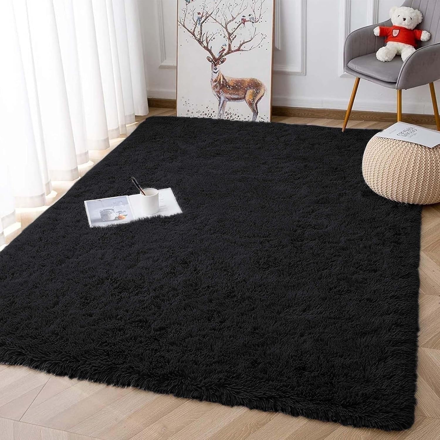 Cshidworld Area Rugs for Living Room Bedroom, 4x6 Ultra Soft Comfy Fluffy Thickened Memory-Foam Indoor Carpets, Modern Minimalist Carpet for Teen Adults Apartment Bedroom Home Decor, Black