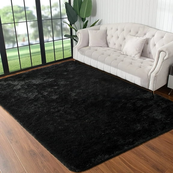 Area Rugs for Living Room Bedroom, 5x8 White Ultra Soft Comfy Fluffy Thickened Memory-Foam Indoor Carpets, Modern Aesthetic Minimalist Carpet for Teen Adults Apartment Bedroom Home Decor, Black