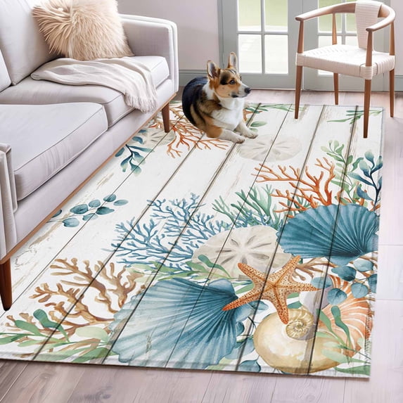 Area Rugs for Living Room Bedroom, Beach Coastal 4'x6' Rug Washable Carpet Runner Indoor Outdoor, Summer Nautical Coral Shell Botanical Vintage Non Slip Accent Floor Mats Rug for Kitchen, Office