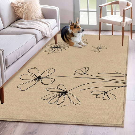 Area Rugs for Living Room Bedroom, Black Khaki 4'x6' Rug Washable Carpet Runner Indoor Outdoor, Spring Flora Non Slip Accent Floor Mats Rug for Kitchen, Office