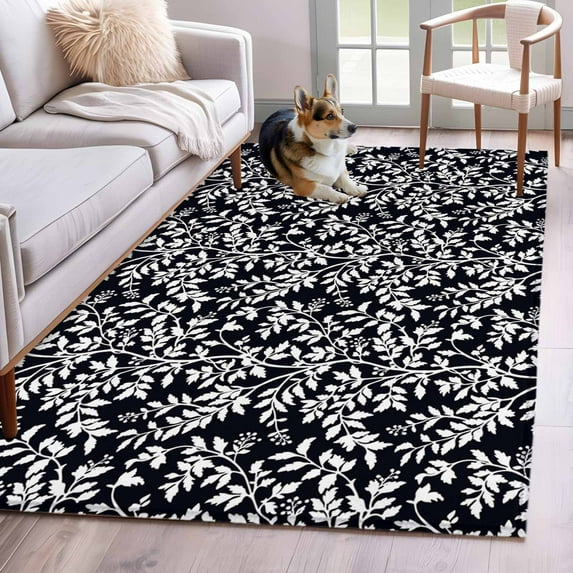 Area Rugs for Living Room Bedroom, Black Spring Floral 4'x6' Rug Washable Carpet Runner Indoor Outdoor, Farmhouse Flowers Elegant Pastoral Non Slip Accent Floor Mats Rug for Kitchen, Office