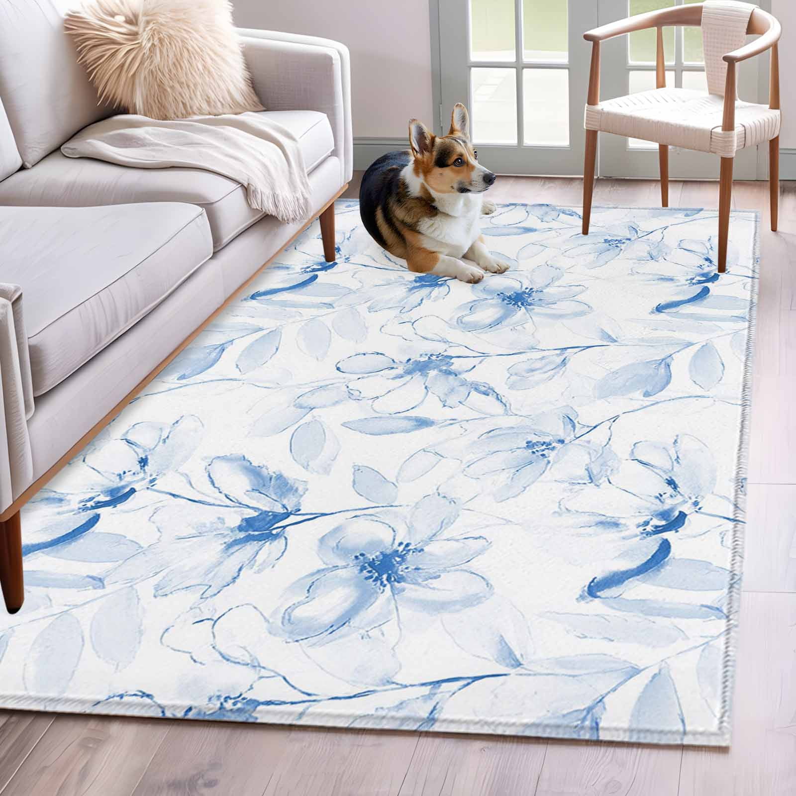 Area Rugs for Living Room Bedroom, Blue Flower 4'x6' Rug Washable ...