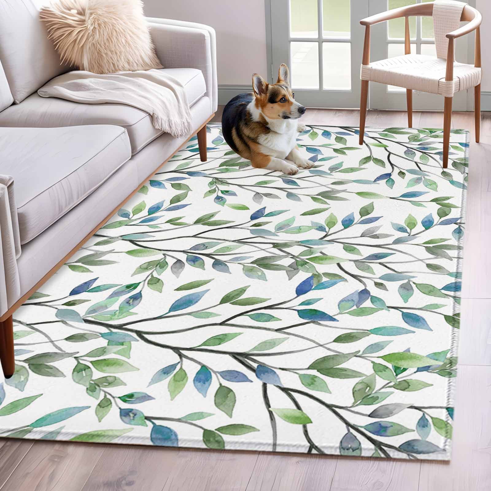 Area Rugs for Living Room Bedroom, Blue Green Eucalyptus 4'x6' Rug Washable Carpet Runner Indoor Outdoor, Spring Botanical Leaves Weeping Non Slip Accent Floor Mats Rug for Kitchen, Office