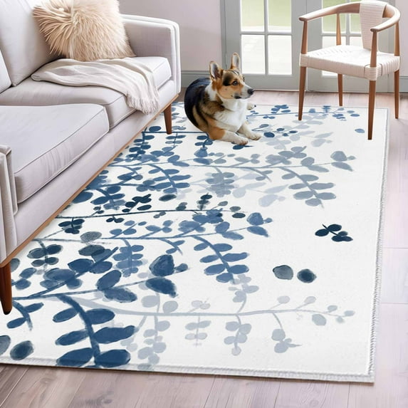 Area Rugs for Living Room Bedroom, Blue Leaves 4'x6' Rug Washable Carpet Runner Indoor Outdoor, Summer Botanical Non Slip Accent Floor Mats Rug for Kitchen, Office