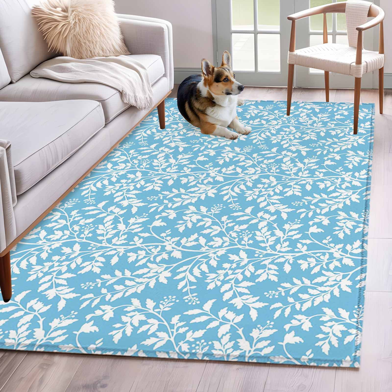 Area Rugs for Living Room Bedroom, Blue Spring Floral 4'x6' Rug Washable Carpet Runner Indoor Outdoor, Farmhouse Flowers Elegant Pastoral Non Slip Accent Floor Mats Rug for Kitchen, Office
