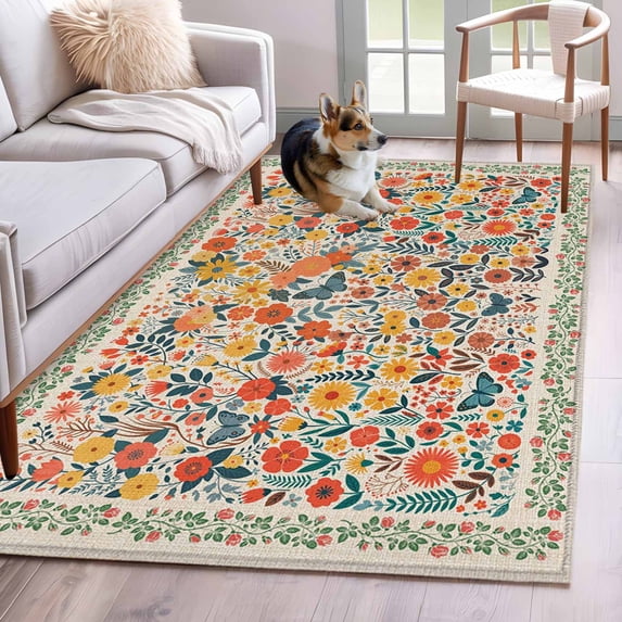 Area Rugs for Living Room Bedroom, Boho Beige Flowers 4'x6' Rug Washable Carpet Runner Indoor Outdoor, Spring Abstract Watercolor Floral Leaf Non Slip Accent Floor Mats Rug for Kitchen, Office