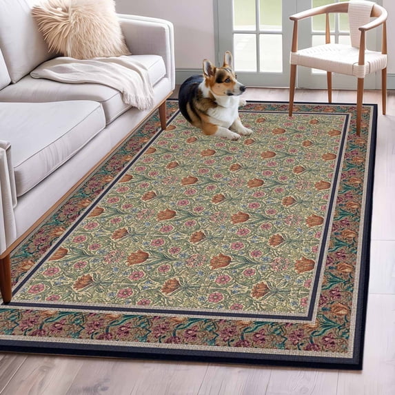 Area Rugs for Living Room Bedroom, Boho Floral 4'x6' Rug Washable Carpet Runner Indoor Outdoor, Vintage Flowers Abstract Art Ethic Tribe Non Slip Accent Floor Mats Rug for Kitchen, Office