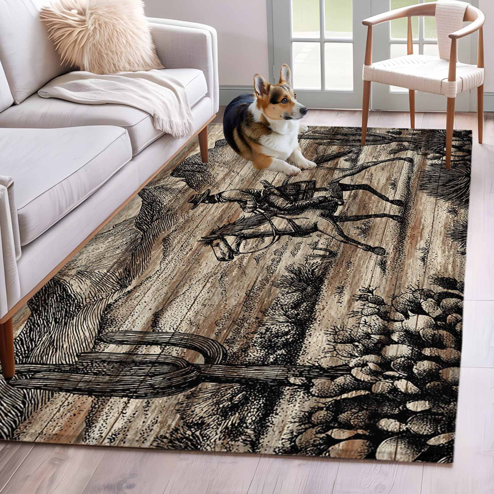 Area Rugs for Living Room Bedroom, Brown Western Farmhouse 4'x6' Rug Washable Carpet Runner Indoor Outdoor, Vintage Cowboys Cactus Non Slip Accent Floor Mats Rug for Kitchen, Office