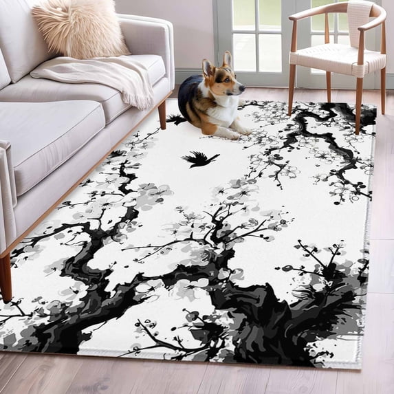 Area Rugs for Living Room Bedroom, Chinese Painting 4'x6' Rug Washable Carpet Runner Indoor Outdoor, Traditional Culture Cool Bird Tree Branch Non Slip Accent Floor Mats Rug for Kitchen, Office