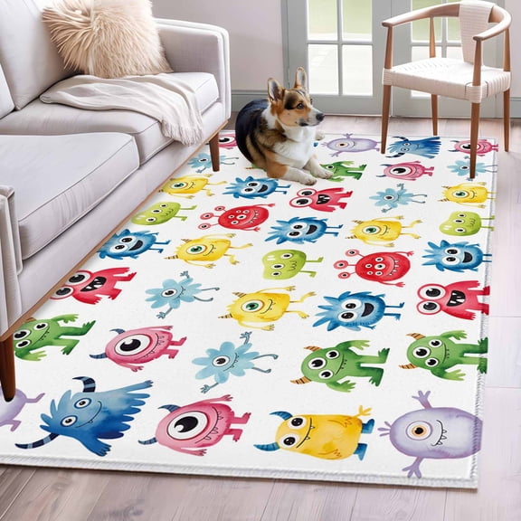Area Rugs for Living Room Bedroom, Colorful Monsters 4'x6' Rug Washable Carpet Runner Indoor Outdoor, Abstract Cartoon Cute Artistic Funny Non Slip Accent Floor Mats Rug for Kitchen, Office