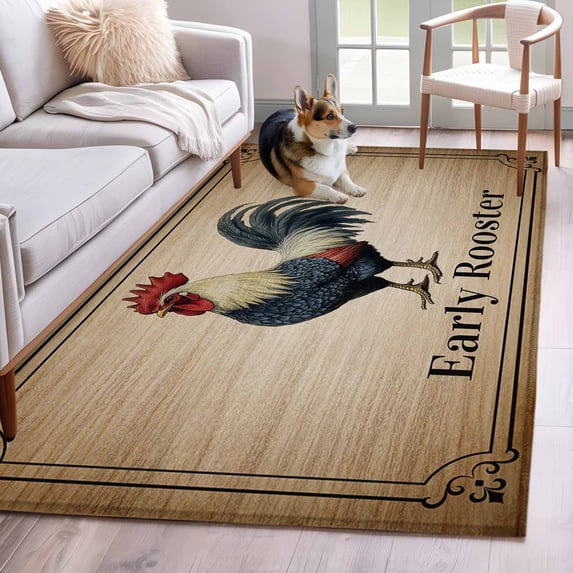 Area Rugs for Living Room Bedroom, Early Rooster 4'x6' Rug Washable Carpet Runner Indoor Outdoor, Brown Spring Farmhouse Vintage Chicken Non Slip Accent Floor Mats Rug for Kitchen, Office