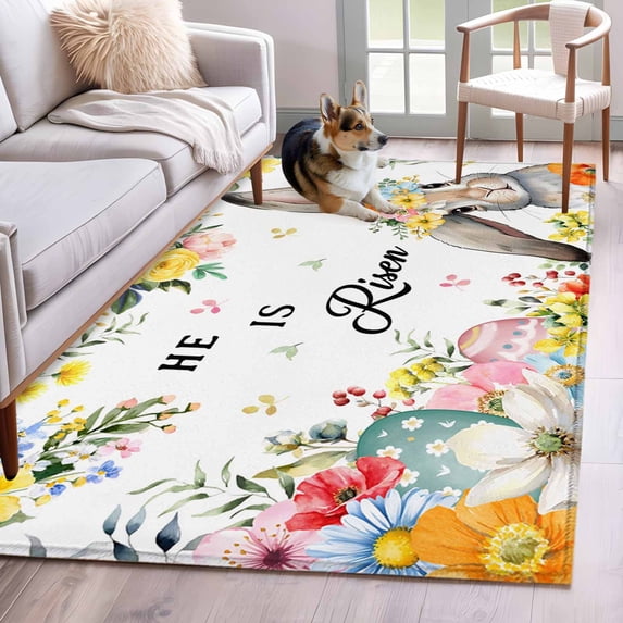 Area Rugs for Living Room Bedroom, Easter 4'x6' Rug Washable Carpet Runner Indoor Outdoor, Easter Bunny Spring Watercolor He Is Risen Flowers Non Slip Accent Floor Mats Rug for Kitchen, Office