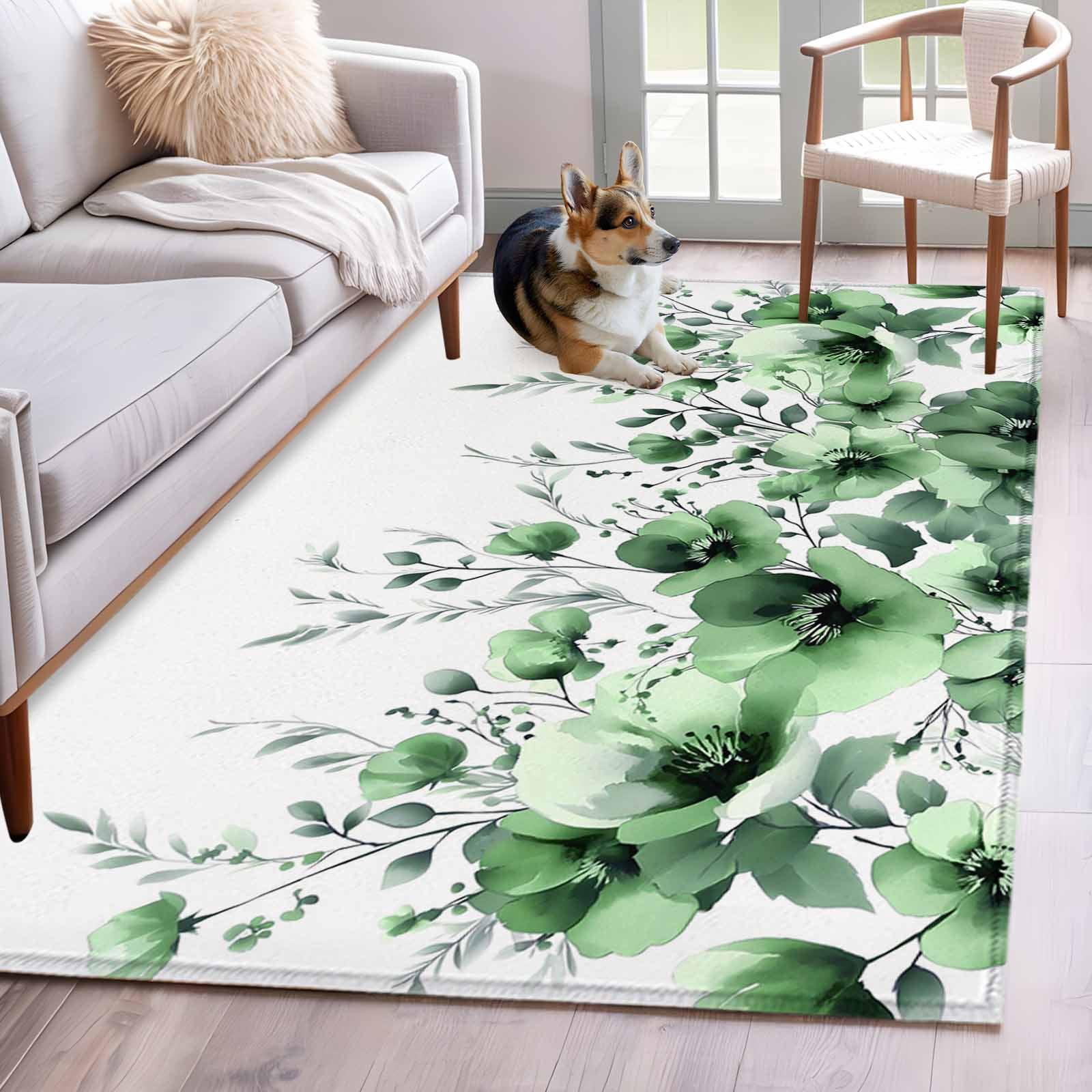 Area Rugs for Living Room Bedroom, Green Blooms Floral 4'x6' Rug Washable Carpet Runner Indoor Outdoor, Farmhouse Spring Flowers Botanical Non Slip Accent Floor Mats Rug for Kitchen, Office