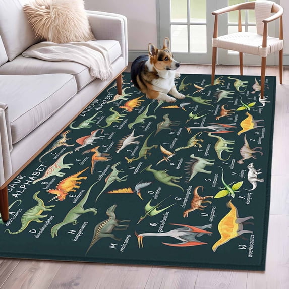 Area Rugs for Living Room Bedroom, Green Dinosaur 4'x6' Rug Washable Carpet Runner Indoor Outdoor, Vintage Letters Farm Animals Non Slip Accent Floor Mats Rug for Kitchen, Office