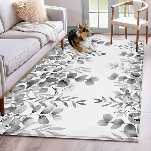 Area Rugs for Living Room Bedroom, Grey Eucalyptus Leaves 4'x6' Rug Washable Carpet Runner Indoor Outdoor, Spring Summer Botanical Non Slip Accent Floor Mats Rug for Kitchen, Office